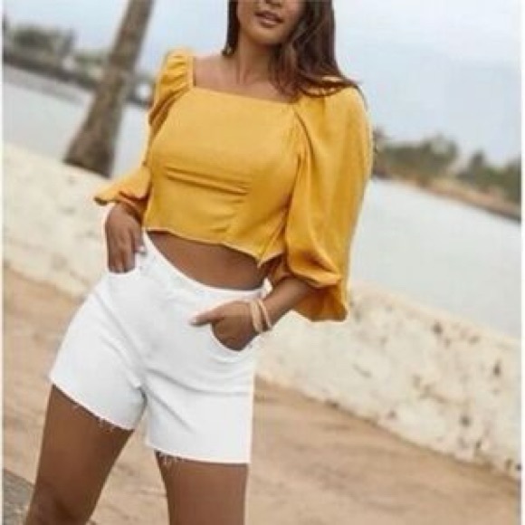 Express Tops - Express Mustard Puff Sleeve Blouse feminine dainty tie back boho resort wear NWT